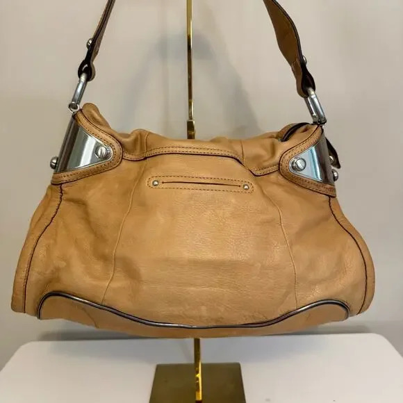 B Makowsky Leather Shoulder Bag Tan Slouchy Hobo Purse Soft Pebbled Satchel - Picture 2 of 9